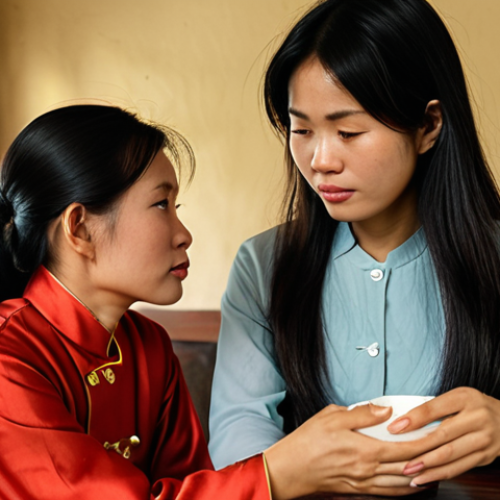 Home 10 A serene and intimate moment between two Vietnamese women, possibly friends or family, in a traditional Vietnamese tea house or a cozy living room. One woman is subtly expressing a hidden emotion through a slight frown, a downcast gaze, or a gentle touch to her arm, while the other is observing her with deep empathy and active listening, showing genuine concern through her soft eye contact and a slight lean forward. The scene should convey a sense of unspoken understanding and connection, highlighting the importance of non-verbal cues and empathetic listening in Vietnamese culture, with warm, gentle lighting and subtle traditional decor elements in the background.