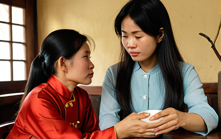 A serene and intimate moment between two Vietnamese women, possibly friends or family, in a traditional Vietnamese tea house or a cozy living room. One woman is subtly expressing a hidden emotion through a slight frown, a downcast gaze, or a gentle touch to her arm, while the other is observing her with deep empathy and active listening, showing genuine concern through her soft eye contact and a slight lean forward. The scene should convey a sense of unspoken understanding and connection, highlighting the importance of non-verbal cues and empathetic listening in Vietnamese culture, with warm, gentle lighting and subtle traditional decor elements in the background.