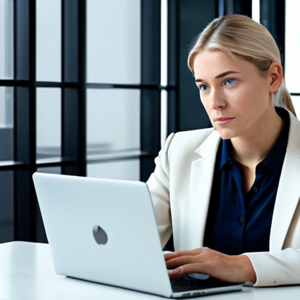 A professional adult female, fully clothed in a modest business blazer and blouse, is seated at a modern desk, gazing thoughtfully at a laptop screen during a video conference. On the screen, the face of another professional adult is visible, exhibiting a subtle, nuanced expression that encourages interpretation. Ethereal, translucent digital lines subtly emanate from the screen, symbolizing the complex flow of information and emotional cues in online communication, with a faint, abstract AI-inspired element suggesting technology's role in understanding. The background is a minimalist, brightly lit contemporary office space. The image conveys the depth of connection and the challenge of empathy across digital interfaces. safe for work, appropriate content, fully clothed, professional dress, perfect anatomy, correct proportions, natural pose, well-formed hands, proper finger count, natural body proportions, professional photography, high quality.