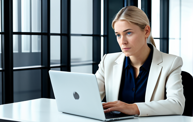 A professional adult female, fully clothed in a modest business blazer and blouse, is seated at a modern desk, gazing thoughtfully at a laptop screen during a video conference. On the screen, the face of another professional adult is visible, exhibiting a subtle, nuanced expression that encourages interpretation. Ethereal, translucent digital lines subtly emanate from the screen, symbolizing the complex flow of information and emotional cues in online communication, with a faint, abstract AI-inspired element suggesting technology's role in understanding. The background is a minimalist, brightly lit contemporary office space. The image conveys the depth of connection and the challenge of empathy across digital interfaces. safe for work, appropriate content, fully clothed, professional dress, perfect anatomy, correct proportions, natural pose, well-formed hands, proper finger count, natural body proportions, professional photography, high quality.