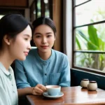 Home 22 상대방의 감정에 대한 반응 연습하기 - **Prompt 1: Genuine Listening in a Cozy Vietnamese Cafe**
A warmly lit, inviting Vietnamese cafe...