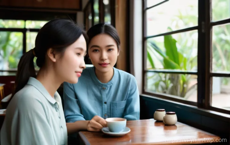 상대방의 감정에 대한 반응 연습하기 - **Prompt 1: Genuine Listening in a Cozy Vietnamese Cafe**
A warmly lit, inviting Vietnamese cafe...