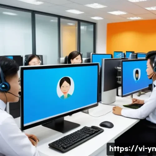 Home 30 실제 대화에서 감정 인식 적용 사례 - A modern Vietnamese call center environment with diverse customer service agents attentively monitor...