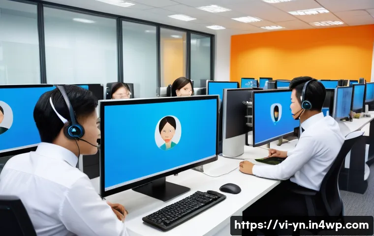실제 대화에서 감정 인식 적용 사례 - A modern Vietnamese call center environment with diverse customer service agents attentively monitor...